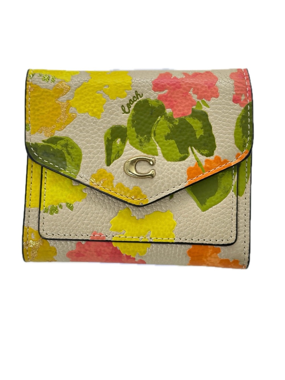 Coach Floral Print Small Snap Wallet Pebbled Leather Tri-Fold Wallet Multicolour